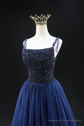 Navy Blue Tulle Beads Long A-Line Prom Dress, Elegant Spaghetti Strap Backless Evening Dress